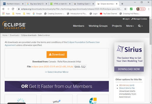 Picture of download sites for Eclipse
